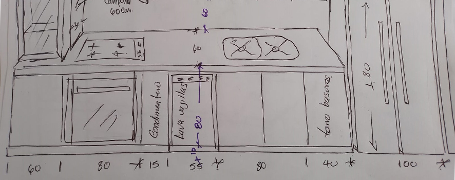 Boceto dibujo cocina para pasar a 3D