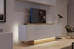 Cinta LED decorativa en mueble de televisión para crear ambiente cálido y elegante