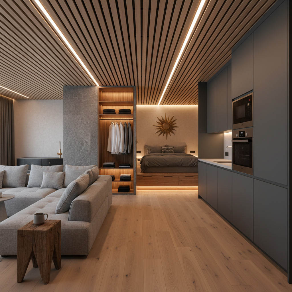 Espacio abierto con sala y cocina iluminados con sistema LED Loox5 Hafele empotrable, resaltando líneas arquitectónicas y creando un ambiente acogedor y moderno.
