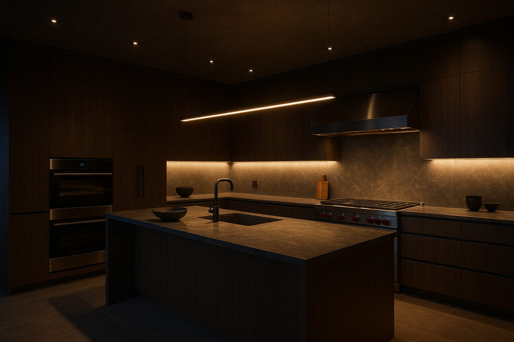 Cocina contemporánea iluminada con luz LED empotrable Loox5 Hafele 12V, creando un ambiente funcional y elegante con iluminación blanca cálida bajo muebles y estanterías.