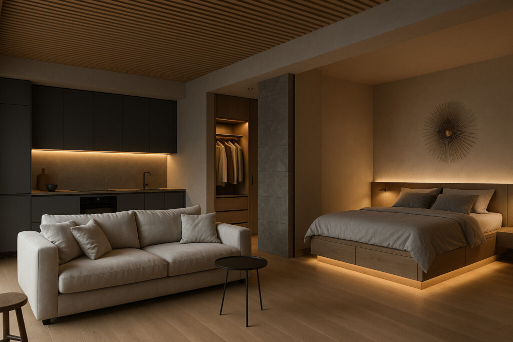 Dormitorio moderno con luz LED Loox5 Hafele integrada en paredes y zócalos, ideal para iluminación ambiental decorativa y funcional en proyectos de interiorismo residencial.